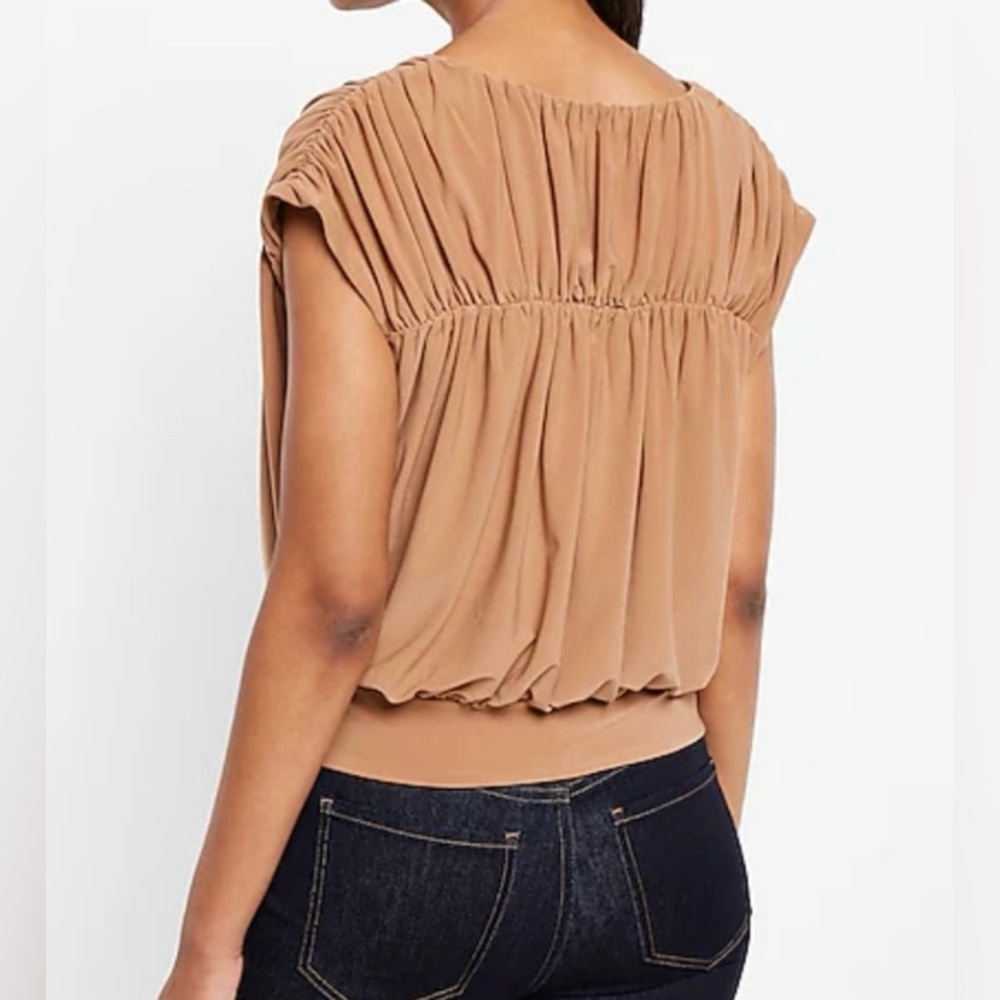 NEW Express Tan Smocked Blouse NWT Matte Jersey Ruched Banded Cropped Top - Picture 5 of 7